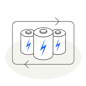 Graphic Energy Manager: Three batteries with a lightning bolt on the front, shown inside a loop. 