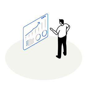 Graphic Machine Optimizer: Man stands in front of a floating screen and points to various diagrams. 