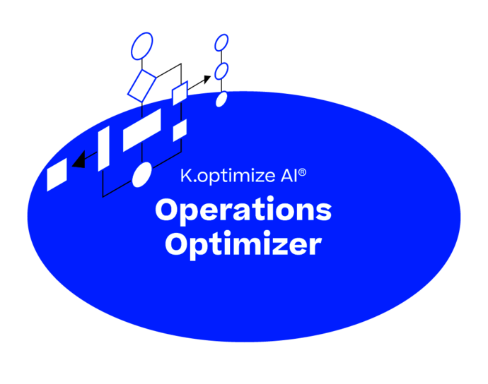 Blue circle with inscription: K.optimize AI Operation Optimizer. A process chart is pictured next to it.